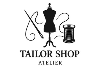 Tailor shop logo featuring dress form, sewing needle, and thread on a simple background