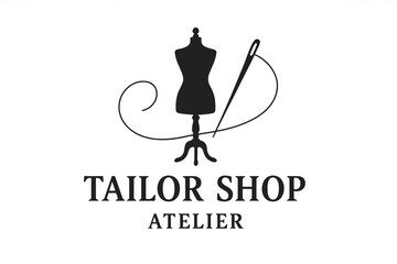 Tailor shop logo showcasing sewing tools and a dress form in an elegant design