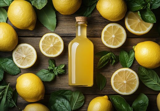 Fresh lemons and homemade lemon juice in a rustic setting with vibrant colors and natural elements for culinary and health-related themes