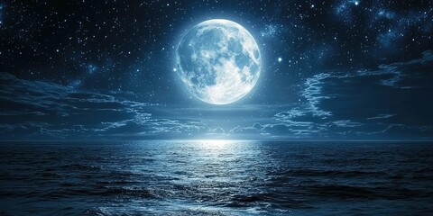 Fototapeta premium A stunning nightscape where the full moonâ€™s reflection shimmers on a vast lake.