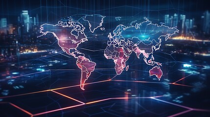 Digital world map over cityscape background representing global network and technology