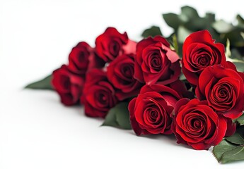 Obraz premium Fresh Red Roses on White Background, Ideal for Romantic Occasions, Celebrations, or Floral Arrangements in Multiple Marketing Projects