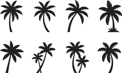 Fototapeta premium Minimalist Palm Tree Silhouette Icons Collection in Black Vector Style for Tropical, Beach, and Nature