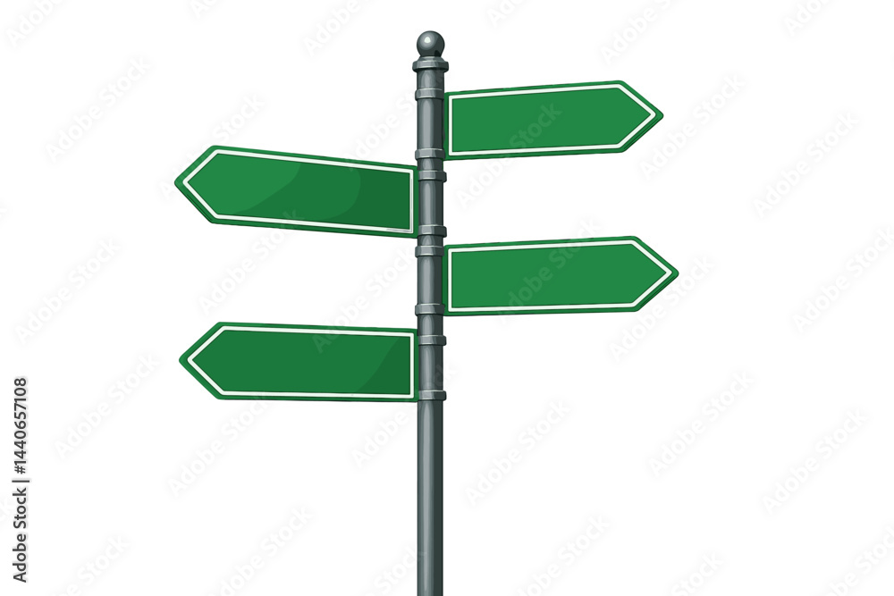 Poster directional signpost with multiple green arrows indicating various paths and destinations in a blank