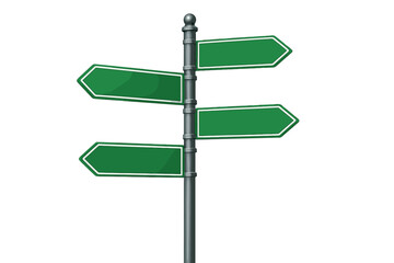 Directional signpost with multiple green arrows indicating various paths and destinations in a blank setting