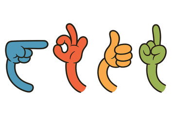 Different hand gestures displayed on a white background represent various meanings and emotions in communication