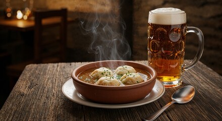 Traditional Leberknödel served hot with a glass of beer  