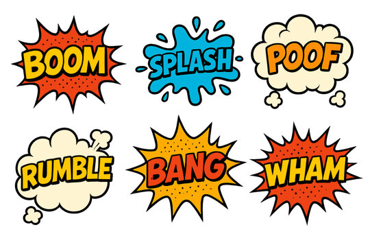 Colorful comic style sound effects illustrated in dynamic bursts featuring words and shapes