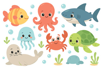 Cute marine animals enjoying a playful underwater world filled with bubbles and sea plants