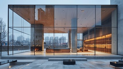 Contemporary shopfront with wide glass windows and a minimalist interior space, reflecting nearby buildings and sky 