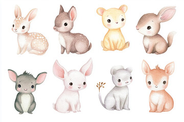 Adorable watercolor illustrations of animals in soft pastel colors on a white background, illustration