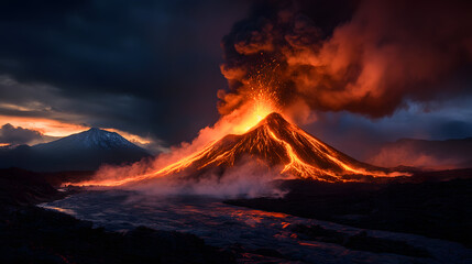 Lava pours from an erupting volcano, lighting up the surrounding landscape with a red-hot glow, while ash clouds rise into the dark sky above.