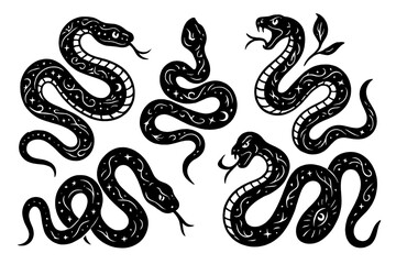 Black serpent illustrations featuring various designs and poses, showcasing intricate patterns and details