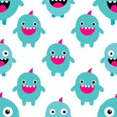 Naklejka premium Seamless pattern features a funny cartoon monster set with cute animal icons like owl, dog, and bear heads in a fun, comic vector illustration