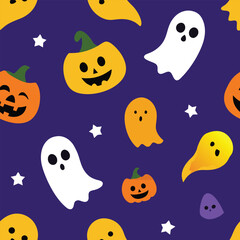 Cartoon halloween seamless pattern with cute octopus, dolphin, and pumpkin vector design