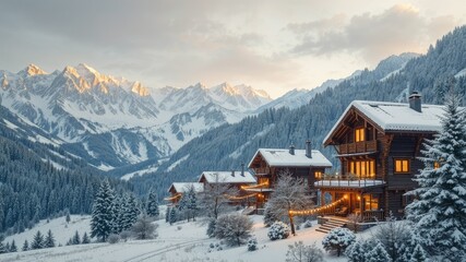 Snowy Mountain Village - Winter Landscape Illustration