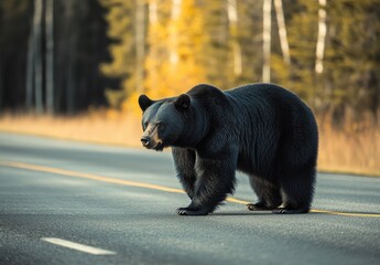 Fototapeta premium Majestic Bear Crossing a Highway in a Forest Setting with Autumn Colors in the Background, Capturing the Beauty of Wildlife in Nature