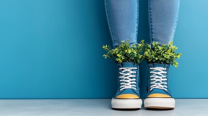 Unique Artistic Still Life Composition Featuring Denim, Footwear, and Lush Greenery Against a Vibrant Blue Backdrop.