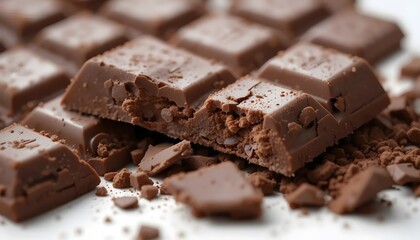 Photorealistic close-up of chocolate bar broken into pieces, rich brown tones, sharp texture detail, isolated, no text, no packaging