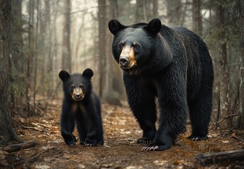 Majestic black bear and her adorable cub walking together through a lush forest with soft light filtering through the trees, capturing a serene wildlife moment
