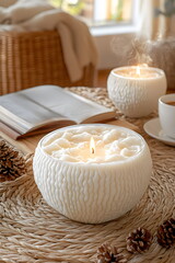 Cozy indoor setting with warm candles, a book, and a cup of coffee on a woven table mat
