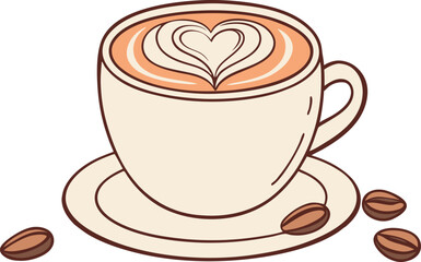 Exquisite Coffee Vector Illustration Featuring a Coffee Cup with Heart Latte Art, Saucer & Beans – Perfect Modern Design for Cafés, Espresso Bars & Beverage Branding