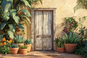 A weathered wooden door in a sunlit garden courtyard.