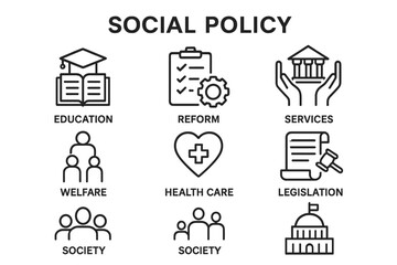 Fototapeta premium Social policy concepts depicted through icons representing various sectors including education, health care, and services