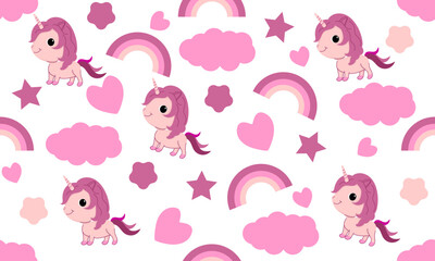 Seamless pattern with a cute unicorn, heart, cloud, and flower on a white background. Elements for printing, textures, fabrics, and wallpapers. Vector illustration.
