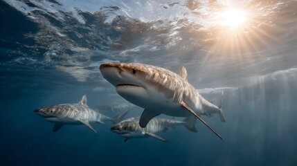 Naklejka premium Swimming effortlessly in the tranquil ocean depths, a group of sharks showcases their agility and beauty as sunlight filters through the water, creating a mesmerizing spectacle of marine life