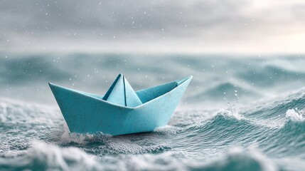 Blue paper boat sailing on wavy ocean during rainy weather