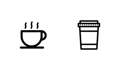 Coffee cup and takeaway coffee icons on white background, Hot Beverage Symbol Pair, Minimalist Drink Logo Set, Cafe and To-Go Coffee Illustration, Morning Refreshment Icons