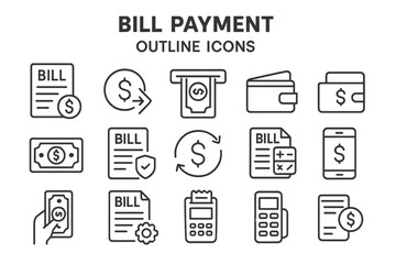 Outline icons representing bill payment processes including transactions, wallets, and payment methods