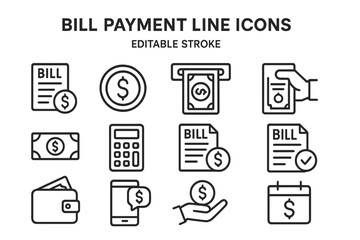 Bill payment icons illustrating various methods of transaction and financial management in a digital format