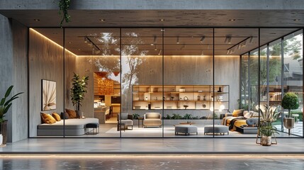 Contemporary shopfront with wide glass windows and a minimalist interior space, open layout and polished concrete flooring 