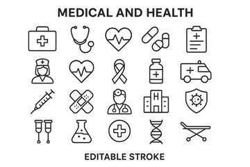 Medical and health icons showcasing essential symbols for healthcare and wellness in a clear and easy-to-understand format