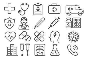 Naklejka premium Collection of medical icons showcasing health care equipment, emergency services, and medical personnel in a simple design