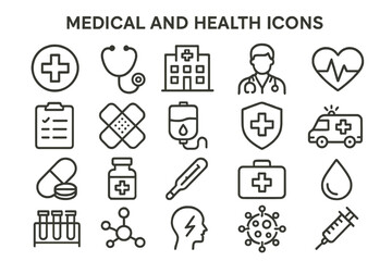 Collection of medical and health icons depicting various healthcare symbols and equipment used in hospitals and clinics