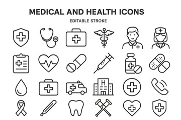 Collection of medical and health icons featuring tools, symbols, and concepts suitable for healthcare design projects