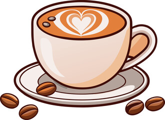 Obraz premium Exquisite Coffee Vector Illustration Featuring a Coffee Cup with Heart Latte Art, Saucer & Beans – Perfect Modern Design for Cafés, Espresso Bars & Beverage Branding