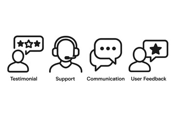Icons represent customer support, testimonial, and communication engagement for service feedback