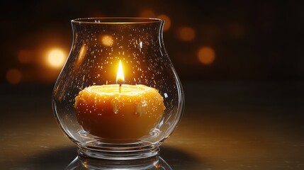 A single flickering candle within a glass hurricane lamp, its golden glow reflecting stly against the curved glass. The hyperrealistic