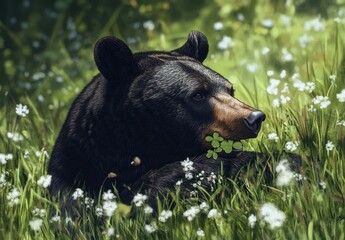 Fototapeta premium Majestic Black Bear Holding Clover in Lush Green Meadow Surrounded by Bright Flowers in a Serene Forest Setting
