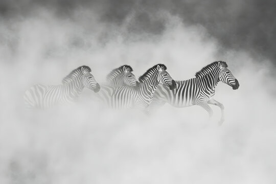Zebra herd galloping through misty fog in african landscape