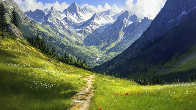 Majestic mountain valley with winding path and blooming meadows under blue sky