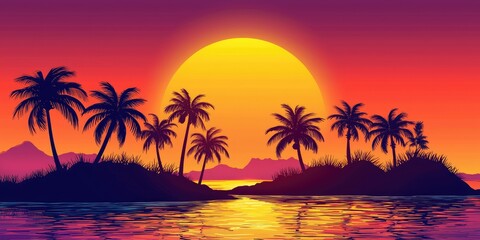 Obraz premium A sunset over a tropical island, with the silhouette of palm trees against the glowing sky.
