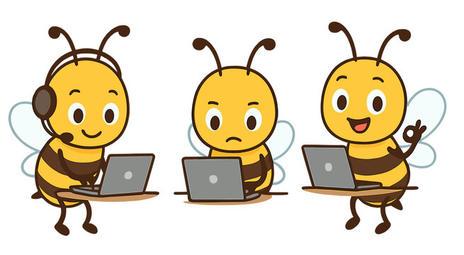 Cheerful cartoon bees engaged in various computer activities in a vibrant, playful style