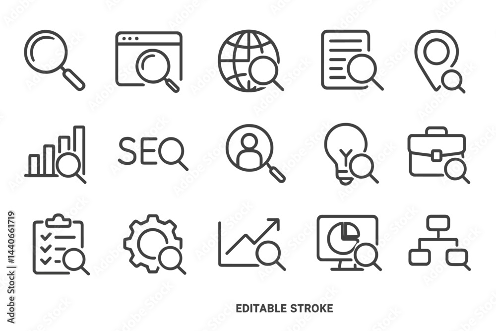 Poster search icons collection for digital tools and data analysis showcasing various elements in a modern 