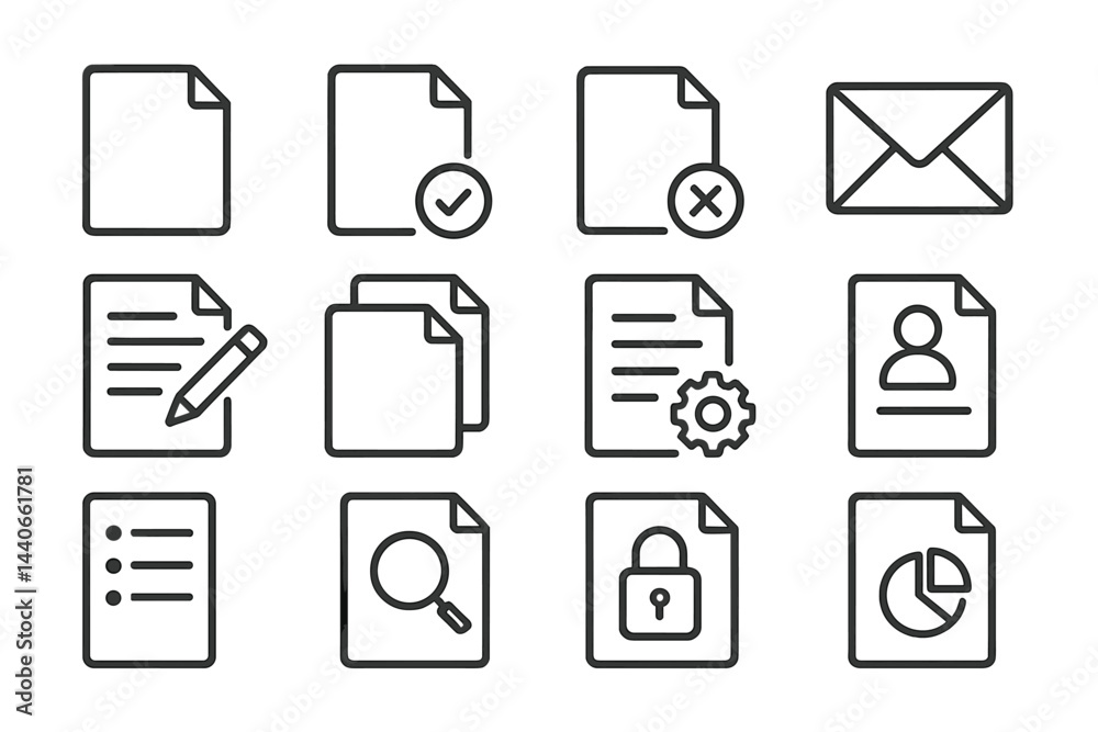 Poster collection of simple icons representing various document and communication functions suitable for di
