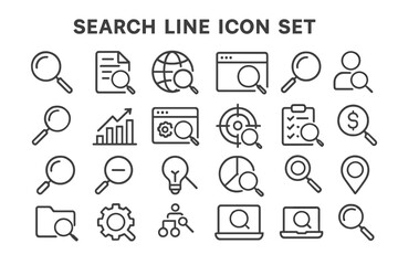 Set of simple line icons depicting diverse search-related activities and elements for digital platforms and applications